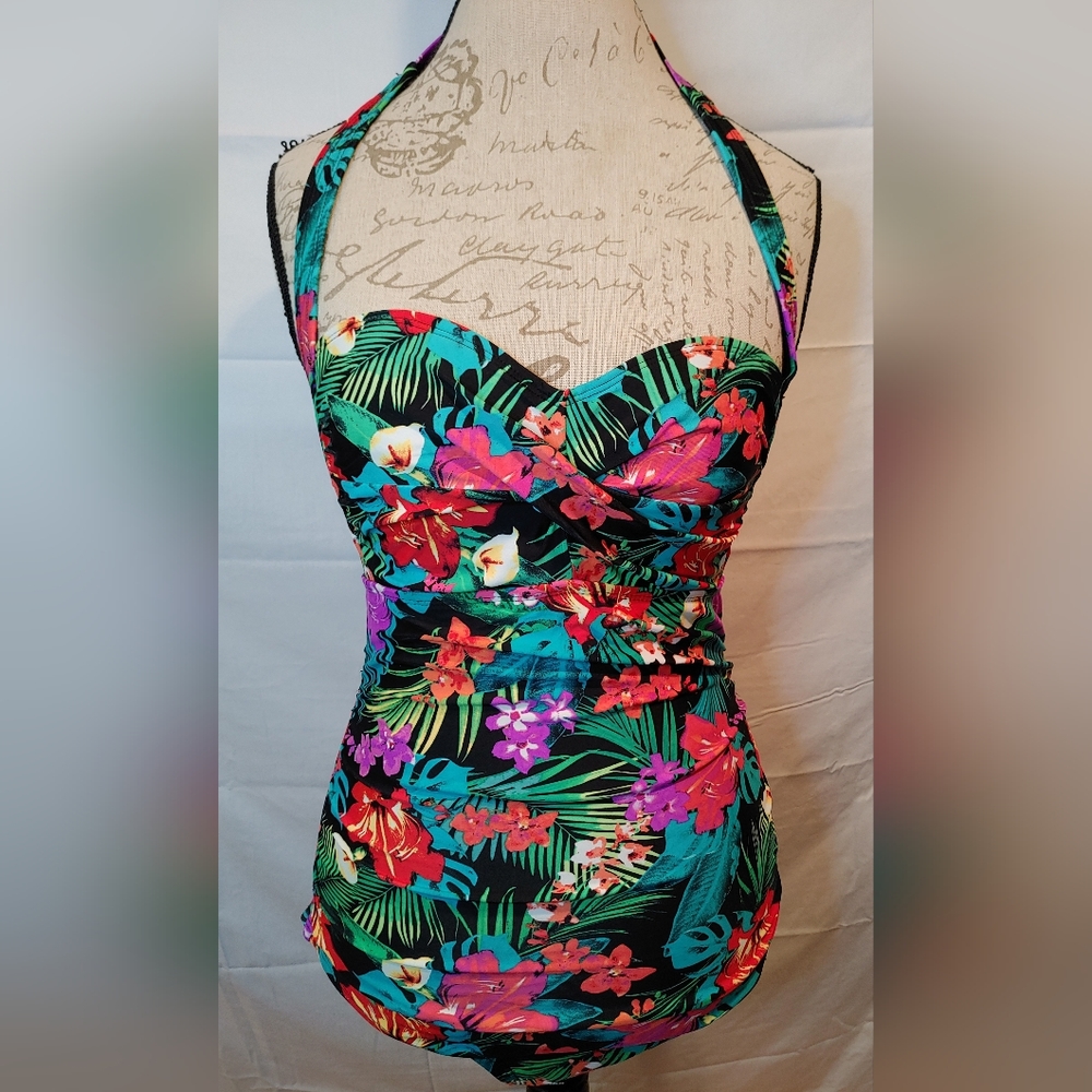 Catalina Women's Tropical Ruched Floral Multicolored Halter Tie One Piece Size M
